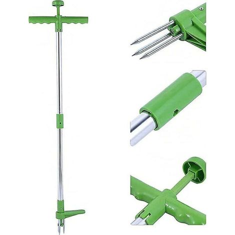 Extracteur de mauvaises herbes et outil d'extraction de racine de désherbeur vertical rotatif télescopique avec poignée en acier et 3 griffes, désherbeur de jardin manuel (1/5)