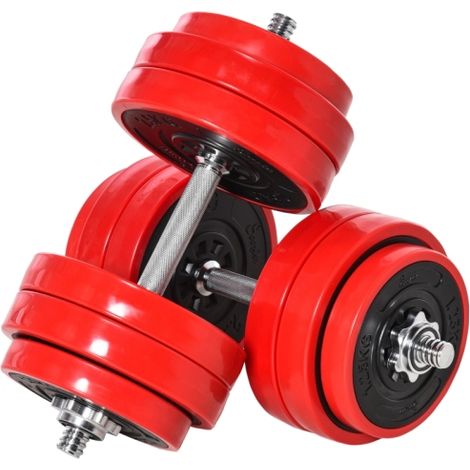 Juego de mancuernas 2 en 1 de 20/30 kg, ajustables, para entrenamiento en casa. Fabricadas en acero, PP, plástico, hierro, color rojo arena y negro. Dimensiones: 21,5 x 21,5 x 3,8 cm. Disponibles en t (1/5)