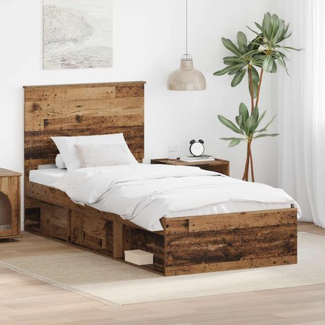Cadre de lit 90 x 200 cm avec tête de lit, pin massif, bois ancien - PANGIVO (1/5)