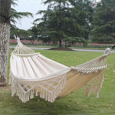 Hamac brésilien double en toile de coton douce, hamac suspendu portable pour deux personnes, style bohème à franges, grande taille pour adultes (1/5)