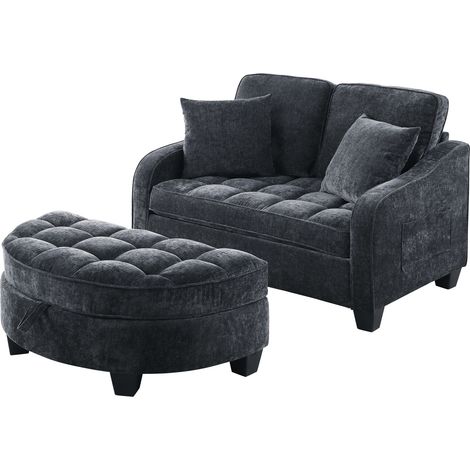 Canapé Convertible 2 Places avec Pouf de Rangement, Dossier Moelleux, Bois d'Eucalyptus, Noir (1/5)