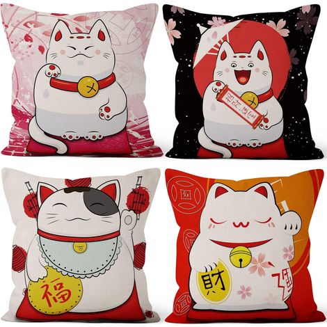 46x46cm Lot De 4 Housse De Coussin Style Japonais Chat Chanceux Lin De Coussincarré Taie d'oreiller Decoration Canapé Taverne Japonaise Maison Décor Housse Coussin Tatami Jardin Exterieur (1/5)