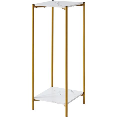 Tall Table with 2 Tiers, Square End Table Sofa Side Table, 90cm Plant Stand Indoor Plant Holder, with White Marble Texture (White) (1/5)