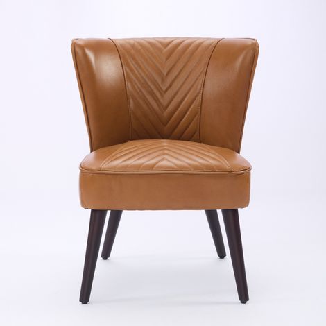 Fauteuil lounge en cuir pleine fleur marron clair sans accoudoirs avec pieds en bois massif de caoutchouc (1/5)