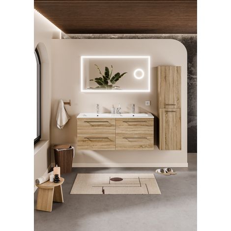 Sanitaire – Meuble de salle de bain NEPTUNE Bois Clair 120 cm – Miroir LITE 117 cm avec éclairage intégré – 4 tiroirs – Panneaux en fibre moyenne densité