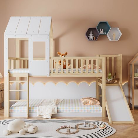 Lit superposé cabane enfant 90x200 cm avec toboggan, échelle 3 marches et garde-corps Structure en bois de pin Blanc et Naturel (1/5)