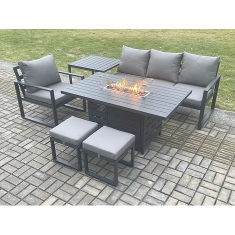 Fimous Aluminium 6 Pieces Garden Furniture Sofa Set with Cushions Gas Fire Pit Dining Table Set with 2 Small Footstools Side Table Dark Grey (1/5)