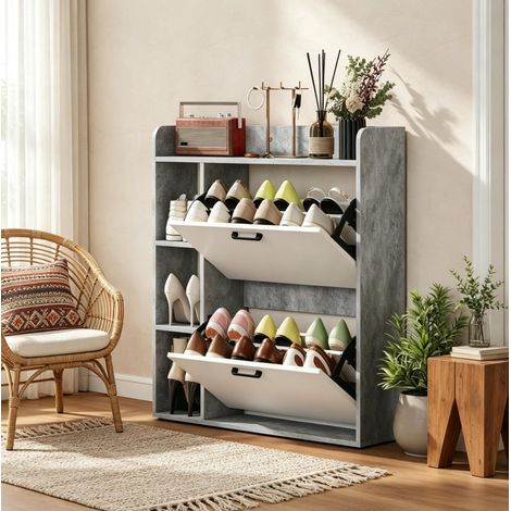 Meuble à chaussures avec 2 compartiments basculants, 3 niveaux réglables, capacité 15 paires, profondeur 24 cm, rangement d’entrée blanc et gris en panneau de particules – CHICFURN (1/5)