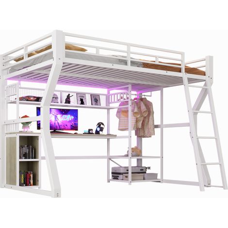 Lit mezzanine 140 x 200 cm, cadre en fer, avec bande lumineuse, prise électrique, espace de suspension pour vêtements, bureau, espaces de rangement, étagères, espace ouvert sous le lit, sans matelas, (1/5)