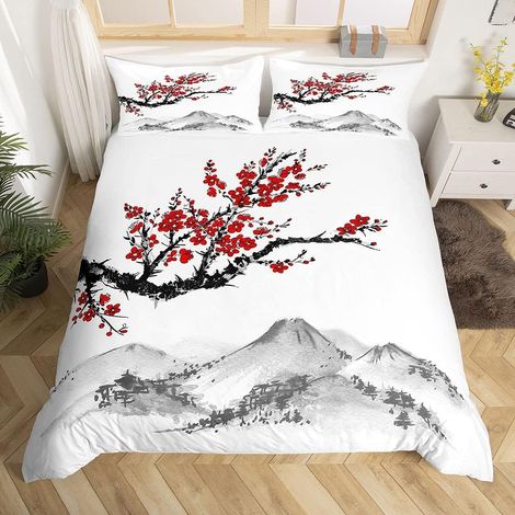 200x200 Japanese Duvet Cover, Red Cherry Blossom Print Bedding Set, Mount Fuji Bedding Set, Black and White Ink Painting Pattern Bedspread, 3 Pieces (1/5)