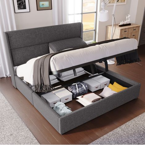 Cama tapizada con almacenaje (217x185x113 cm), cabecero regulable, estructura metálica, lino gris (1/5)