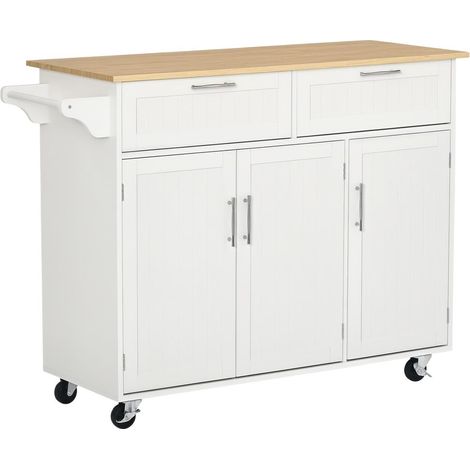 Pour cuisine, chariot de rangement mobile avec grand plan de travail en bois et MDF, 2 tiroirs, blanc (1/5)