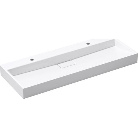 doporro® Lavabo sobre encimera Colossum19 lavabo suspendido blanco de diseño de 120 cm de ancho incluye válvula de desagüe 2 orificios para grifo