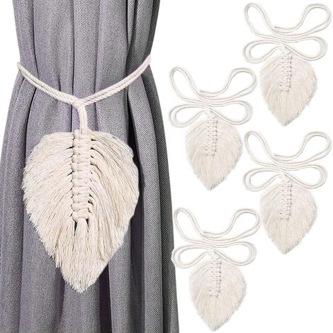 Juego de 4 alzapaños de cortina con diseño de hojas bohemias, alzapaños de cortina de algodón macramé, alzapaños de cortina de algodón beige, clips para cortinas con cordón, lazos de cuerda de resorte (1/4)