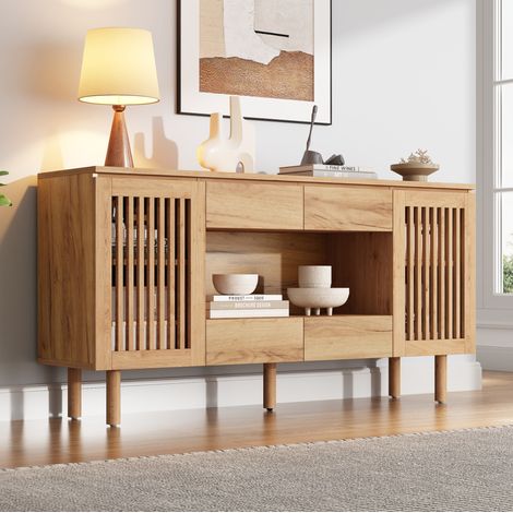 Buffet 140x35x71 cm en MDF et bois, naturel, 4 tiroirs, gain de place pour entrée – MEUBLIV (1/5)
