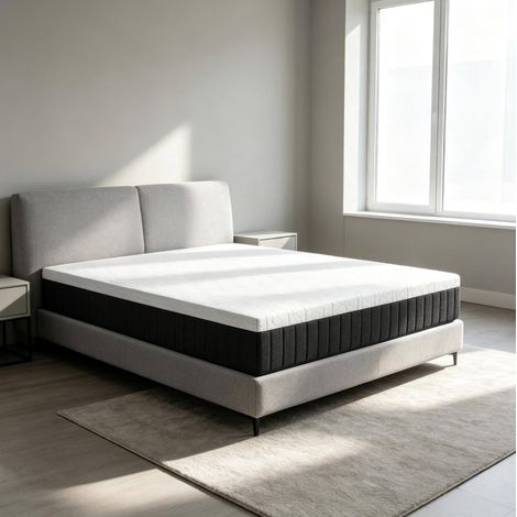 Colchón 140 x 190 cm de espuma viscoelástica y muelles ensacados, 25 cm, blanco y gris, OKWISH (1/5)