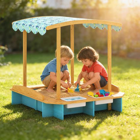 Sandkasten aus Holz für Kinder mit Dach, 3 Bänken, 2 Aufbewahrungsboxen aus Polypropylen, ausgekleidet, für Kinder von 3–6 Jahren, 128 x 118 x 121 cm, Blau