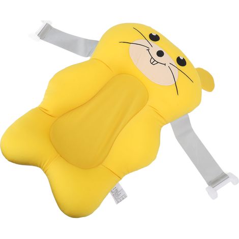 Coussin de bain bébé jaune en forme d'animal de dessin animé avec sangle ajustable et oreiller doux. (1/5)