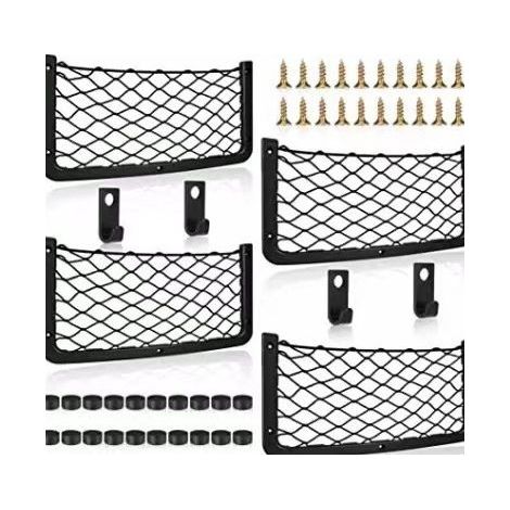 Red de almacenamiento para coche Enowelir, juego de 4 piezas con ganchos, red elástica para coche, 36 x 18 cm, para coche, caravana, barco, hogar (1/5)