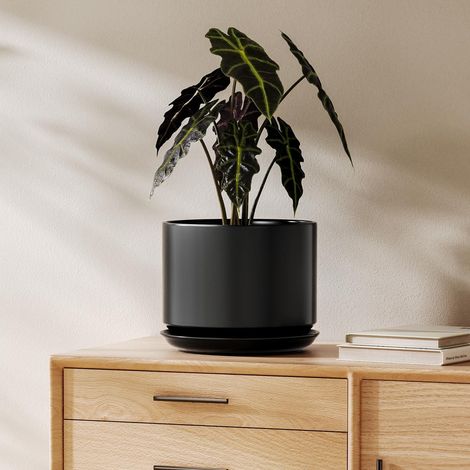Pot de fleurs en céramique noir 20 cm avec soucoupe, design moderne, drainant (1/5)