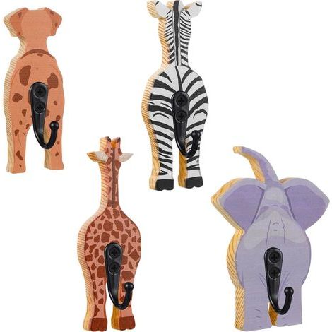 Lot de 4 patères murales en bois à motifs animaux (éléphant, girafe, zèbre, chien), crochets décoratifs pour vêtements, chambre d'enfant et décoration intérieure. (1/5)