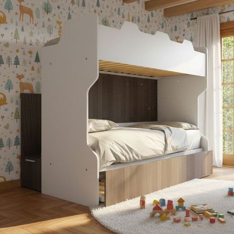 Letto a castello con scala contenitore e terzo letto estraibile - Cameretta salvaspazio - Bianco e Olmo