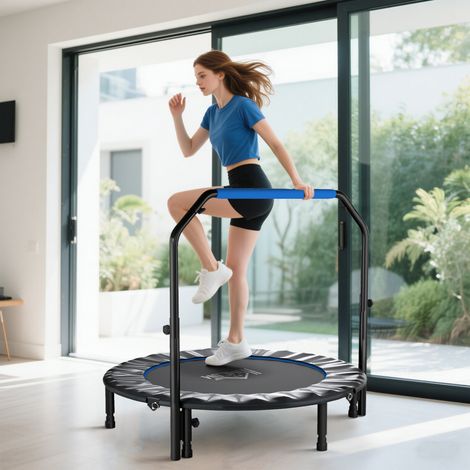 Trampoline de fitness pour adultes Ø122 cm, pliable, avec barre de maintien réglable sur 4 niveaux, noir et bleu