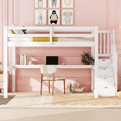 Lit mezzanine enfant 140x200 cm - Bureau intégré - Tiroirs de rangement - Blanc - 2 places (1/5)