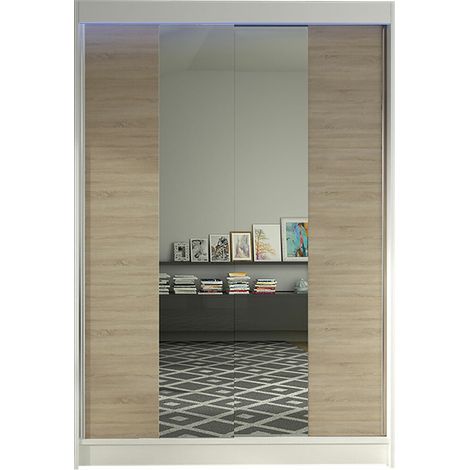 Armario Closico Salvor II, Blanco + Roble Sonoma, 200x120x58cm, Puertas de armario: Correderas, Número de estantes: 5, LED (1/4)