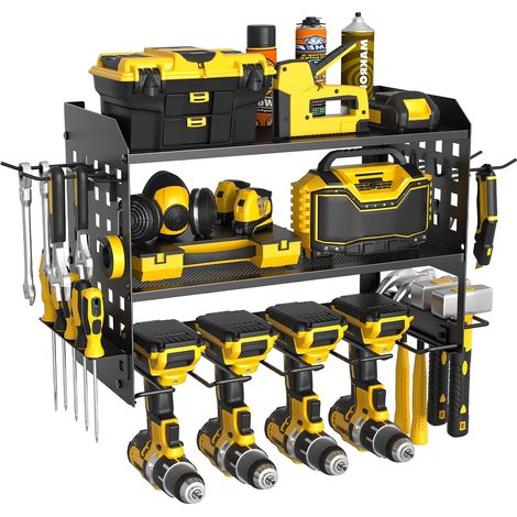 Support mural à 3 niveaux pour outils - Rangement pour 4 outils électriques - Pour garage, atelier - 42,5 x 20 x 31 cm - Noir (1/5)
