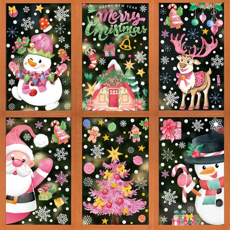 Autocollants de fenêtre Père Noël rose, sapin et rennes, autocollants de Noël pour vitres, vente en gros, bonhomme de neige et fleurs, cadeau, art statique