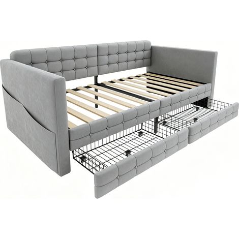 Lit rembourré 90x190 cm en velours gris clair avec rangements latéraux et tiroirs de rangement (1/5)