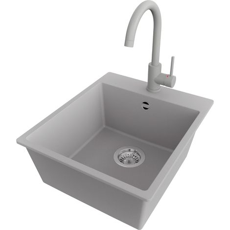 PRIMAGRAN Evier Cuisine en Granit 43x50cm,Lavabo 1 bac + Robinet 32x20cm + Kit de Vidage, Évier à Encastrer au meuble 45cm - Riga, Gris (1/5)