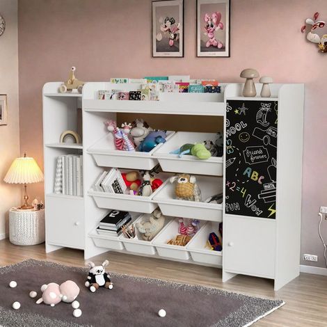 Biblioteca de 6 Niveles - Mueble de almacenamiento - 137x30x94.5 cm - Con pizarra y puertas - para Sala, Oficina, Dormitorio - Blanco (1/5)