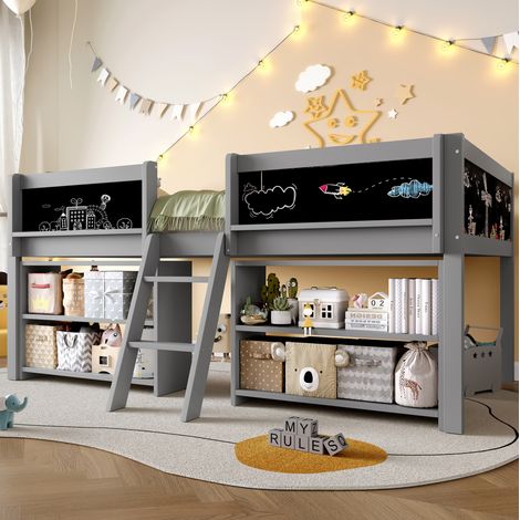 Lit mezzanine enfant 90x200 cm en bois gris, gain de place pour chambre, sans matelas FloraGrace (1/5)