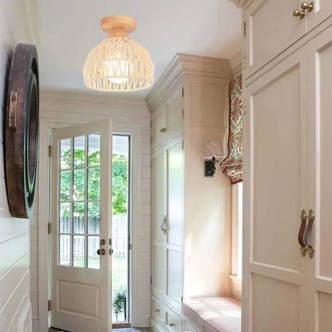 Plafonnier Vintage en Cage,Suspension Luminaire Industriel Lampe de Plafond en Bois Rotin Blanc Style Rural,20cm17cm (1/5)