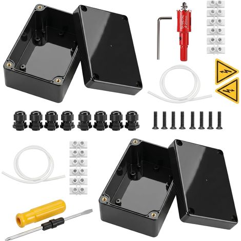 2 Boite de Derivation Etanche Exterieur Noires en ABS pour Usage Extérieur Boite de Derivation Avec Joints Vis de Fixation Connecteurs M16 Autocollants Blocs Serrage Tournevis Emporte-Pièce M20 (1/5)