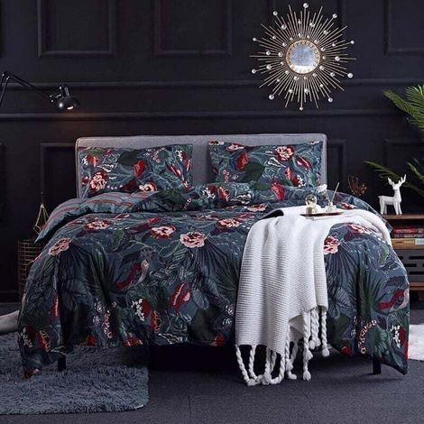 Housse de Couette 200x200 Bleu Nuit - Parure de Lit Motif Fleurie Rose avec Fermeture Éclair - Linge de Lit Réversible 2 Personnes Adulte avec 2 Taies d'oreiller 50x75 cm