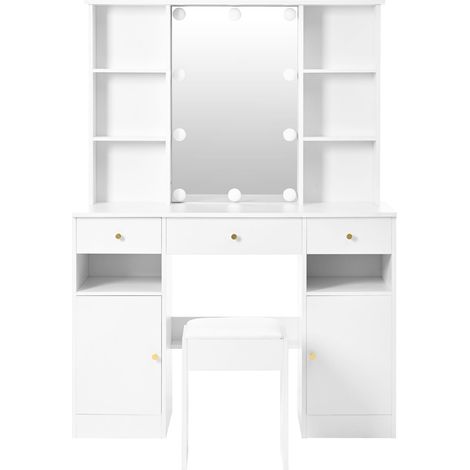 CAIziCoiffeuse avec miroir LED, tabouret, 3 tiroirs, blanc 110x40x151 cm