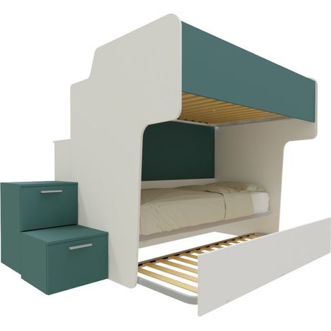 Letto a castello salvaspazio con rete superiore da una piazza e mezza e scala laterale - Bianco e Petrolio (1/5)