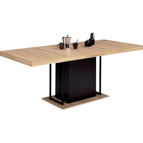 Idmarket – Table à manger extensible rectangle 160-200 cm – 6-10 personnes – Bois mélaminé effet hêtre et noir – Piétement métal robuste (1/5)