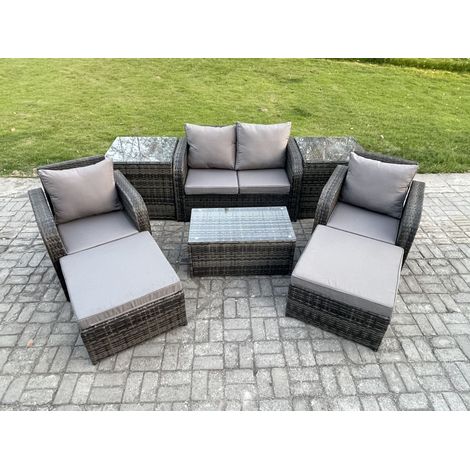 Fimous 6 places Salon de jardin en rotin avec Table basse rectangulaire 2 grand tabouret 2 Tables d'appoint Mélange gris foncé (1/5)
