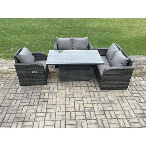 Fimous Wicker PE Rattan Furniture Garden Dining Set Outdoor Height Adjustable Rising lifting Table Love Sofa With Reclining Chair (1/5)