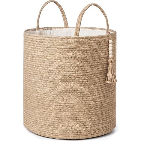 Grand panier à linge en osier tissé - Panier de rangement décoratif en corde naturelle - Décoration de perles en bois pour couvertures, jouets, vêtements, chaussures, plantes - Panier de (1/5)