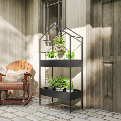 Deux étages de jardinières en forme de maison, 150 cm de hauteur jardinière avec crochets, métal noir (1/5)