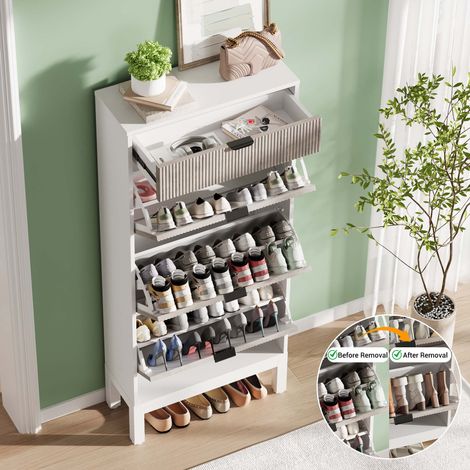Meuble à chaussures Étroit 3 Abattants Blanc‑Gris 12‑18 Paires (1/5)