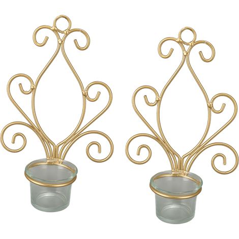Lot de 2 bougeoirs muraux en métal doré résistant, parfaits pour la décoration de mariage. (1/5)