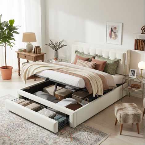 Letto imbottito 140x190 con rete a doghe, testiera regolabile, beige DESVIAE (1/5)