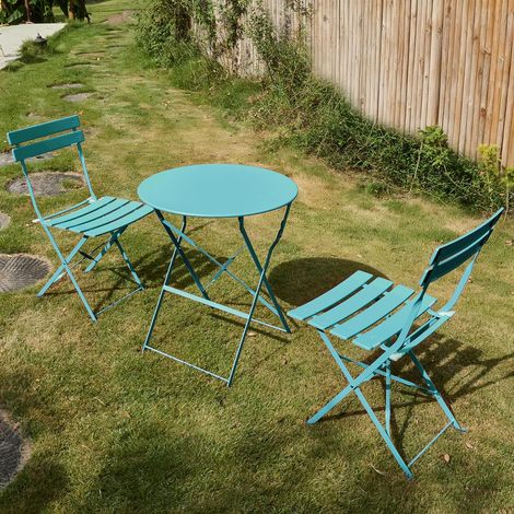 Lot de 3 meubles de jardin de balcon, résistants aux intempéries, pour petit balcon, table de bistrot avec 2 chaises, pliable, bleu paon (1/5)