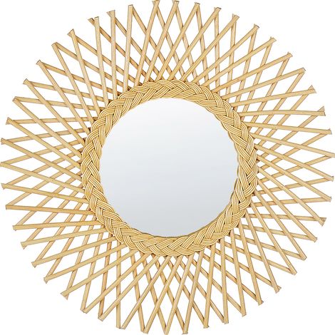 Espejo de pared de ratán beige 60 cm forma de sol boho sala de estar dormitorio Tagolu